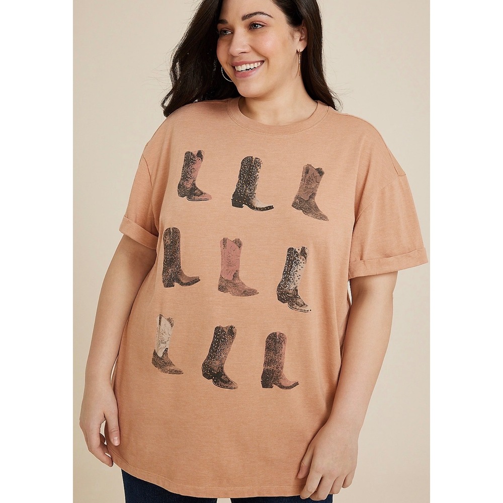 Maurices Studded Cowgirl Boots Graphic Tee Womens L Tan‎ Oversized Western